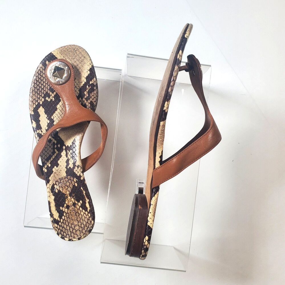 Kate Spade Women’s Sandals Size 6.5B Brown Leather Thong Snake Print Gold Spade